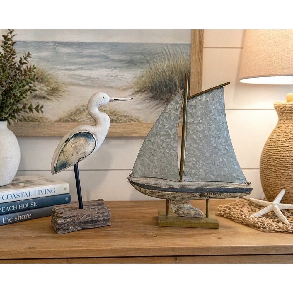 Coastal Nautical Decor Lot Heron Bird & Sailboat Wood Metal Beach Cottage